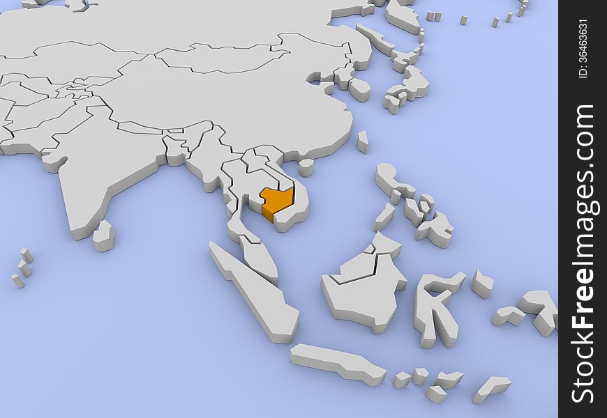 Rendered map of Cambodia in 3D. Rendered map of Cambodia in 3D
