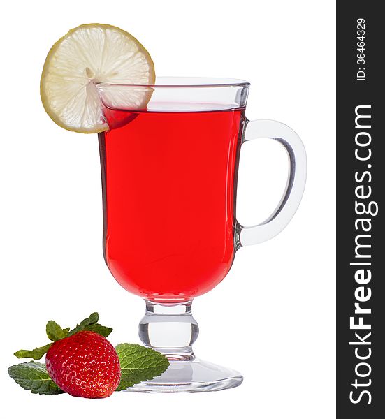 Cup of strawberry tea with mint and a lemon on a white background