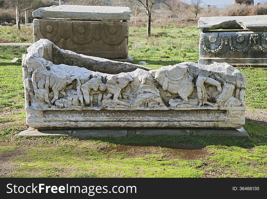 Ancient sarcophagus in an old town of Ephesus, Turkey