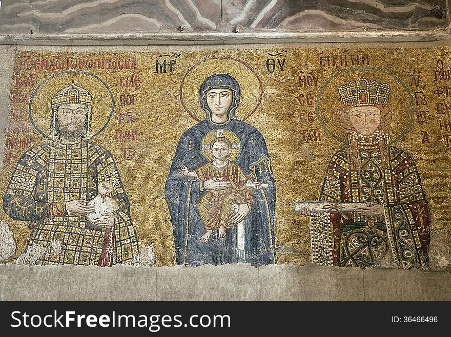 Mosaic of empress Zoe and Constantine IX Monomakhos in Hagia Sofia, Istanbul. Mosaic of empress Zoe and Constantine IX Monomakhos in Hagia Sofia, Istanbul