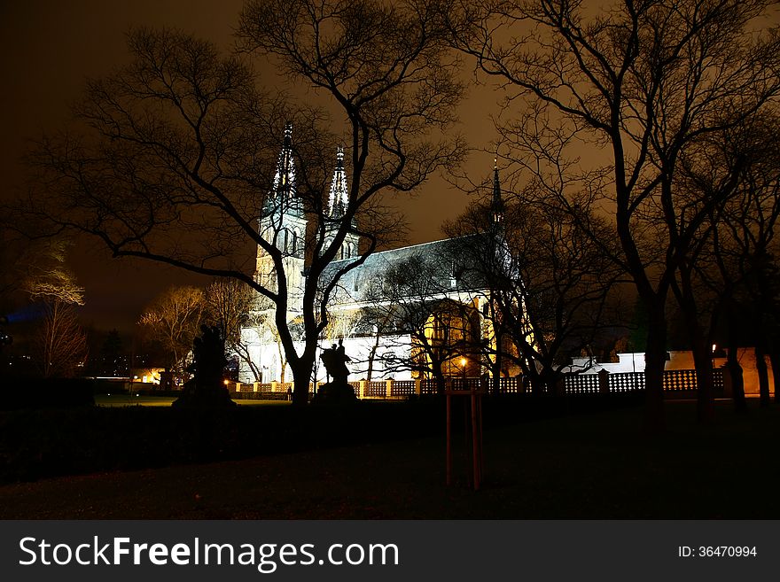 Evening picture of basilica of st peter and st paul situated at vysehrad hill in prague, czech republic