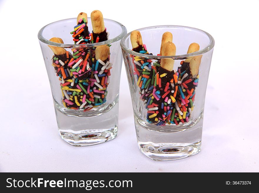 Snack Chocolate In Glass Cup Sprinkled With Sugar Color