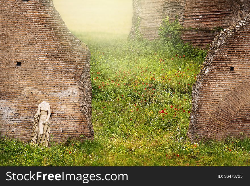 Antique woman sculpture against backdrop of ruins Rome