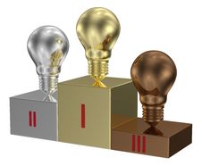 Golden, Silver And Bronze Light Bulbs On Metallic Pedestal Stock Images Golden, Silver And Bronze Light Bulbs On Metallic Pedestal Stock Images