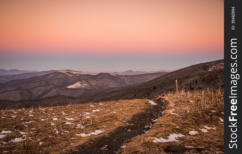 The Appalachian Trail at Roan Mountain in the winter during sunset. The Appalachian Trail at Roan Mountain in the winter during sunset