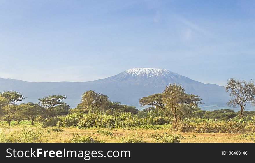 Landscape with snow covered peak of Kilimanjaro in Kenya.