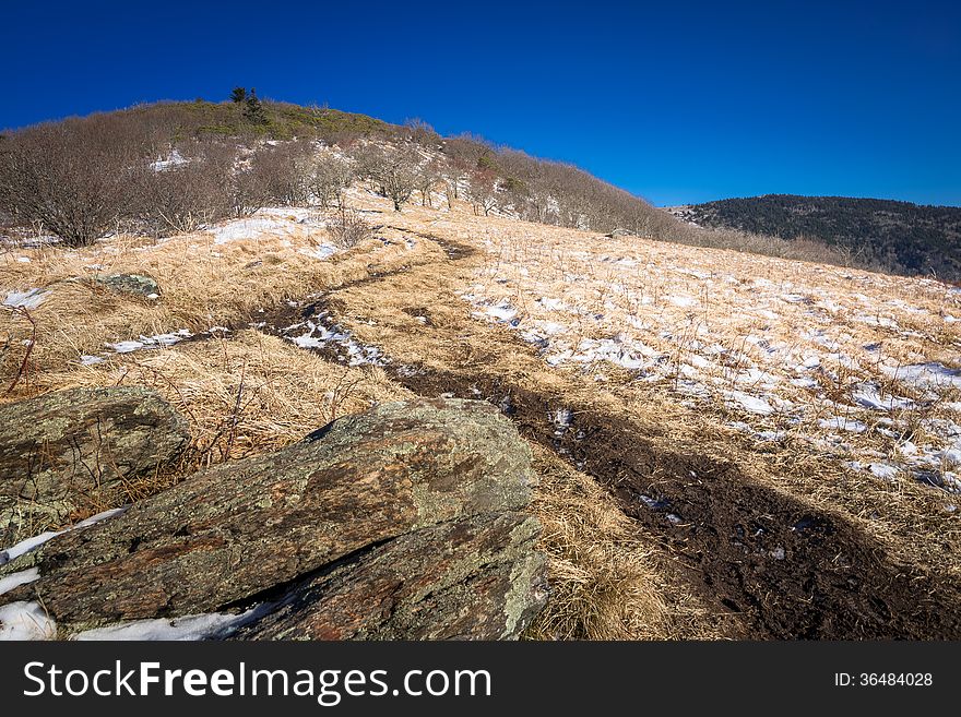 The Appalachian Trail at Roan Mountain in the winter during sunset. The Appalachian Trail at Roan Mountain in the winter during sunset