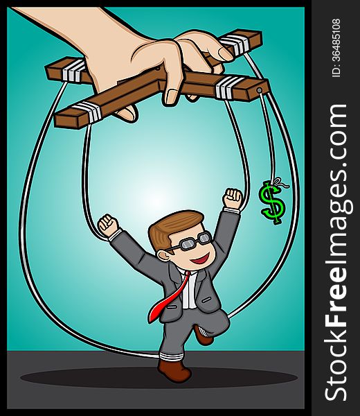 An illustration of a businessman under money control. An illustration of a businessman under money control