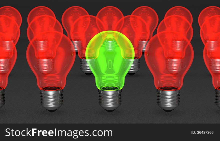 One green light bulb among many red ones. The only good idea concept, uniqueness concept