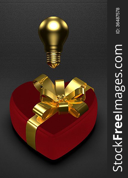 Golden idea for present in Saint Valentine's Day's. Golden light bulbs in red heart-shaped box on dark background. Golden idea for present in Saint Valentine's Day's. Golden light bulbs in red heart-shaped box on dark background
