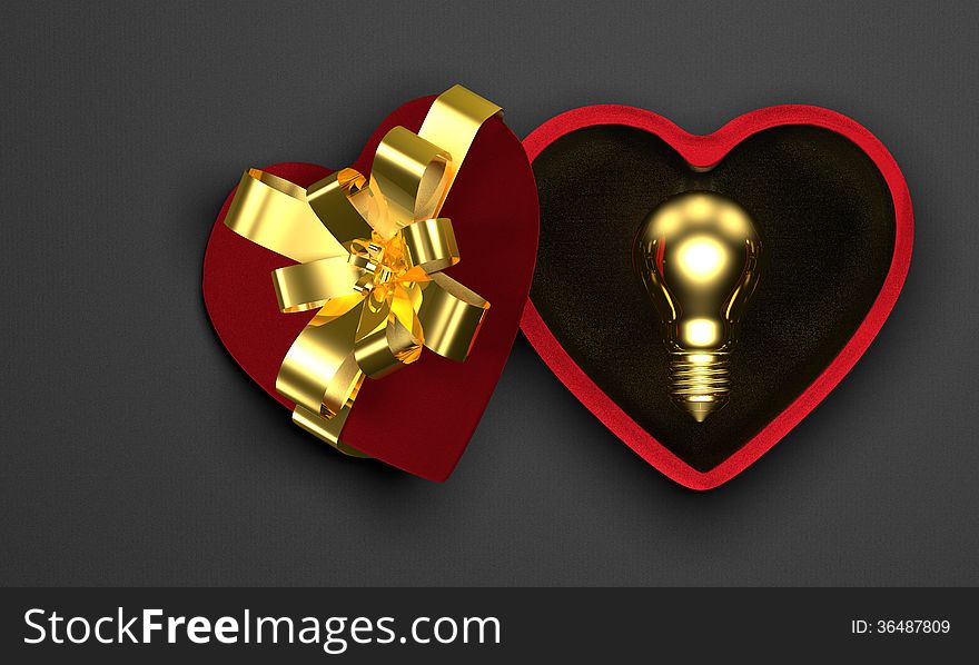 Golden light bulb in red heart-shaped box. Golden idea for present in Saint Valentine's Day's concept. Golden light bulb in red heart-shaped box. Golden idea for present in Saint Valentine's Day's concept