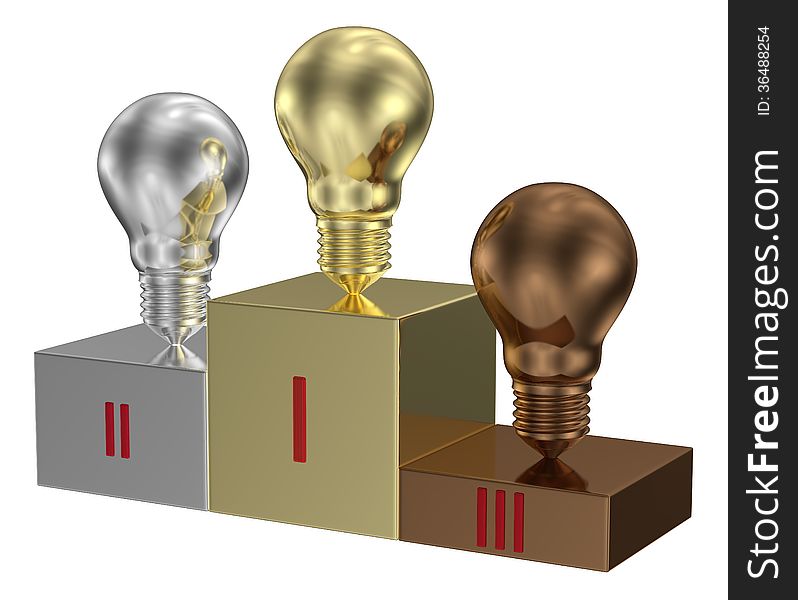 Golden, silver and bronze light bulbs on metallic pedestal. Idea, brainstorming, innovation concept