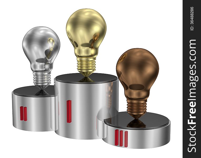 Golden, silver and bronze light bulbs on cylindrical pedestal. Idea, brainstorming, innovation concept