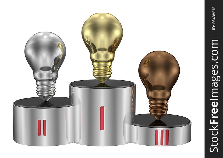 Golden, silver and bronze light bulbs on cylindrical pedestal. Front view