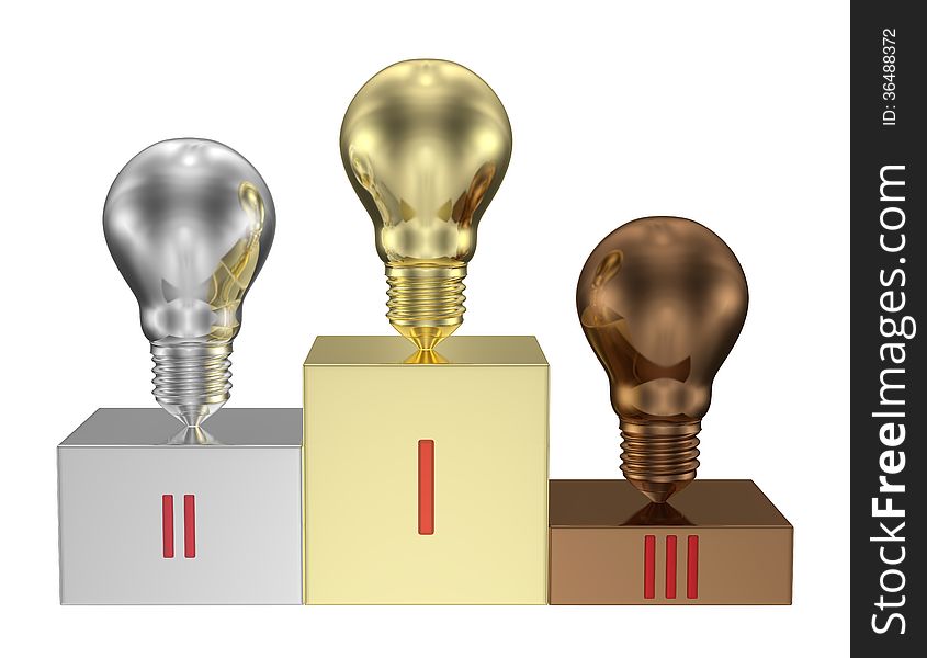Golden, silver and bronze light bulbs on metallic pedestal. Front view. Idea, brainstorming, innovation concept