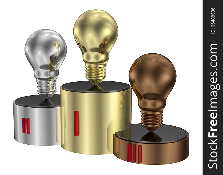 Golden, Silver And Bronze Light Bulbs On Cylindrical Pedestal Of Same Metals