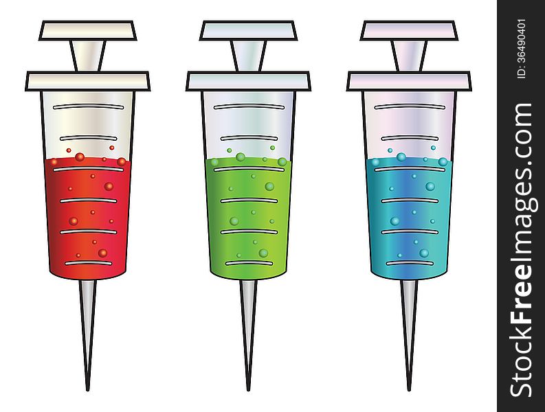 Set of cartoon syringes with red, green and blue liquid inside. Set of cartoon syringes with red, green and blue liquid inside.