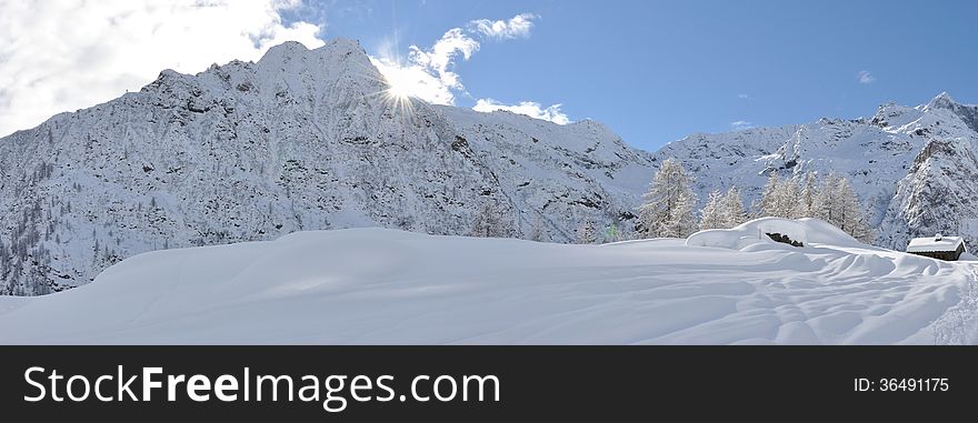 Valsesia Alps winter landscape, Mutta dOtro view. Valsesia Alps winter landscape, Mutta dOtro view