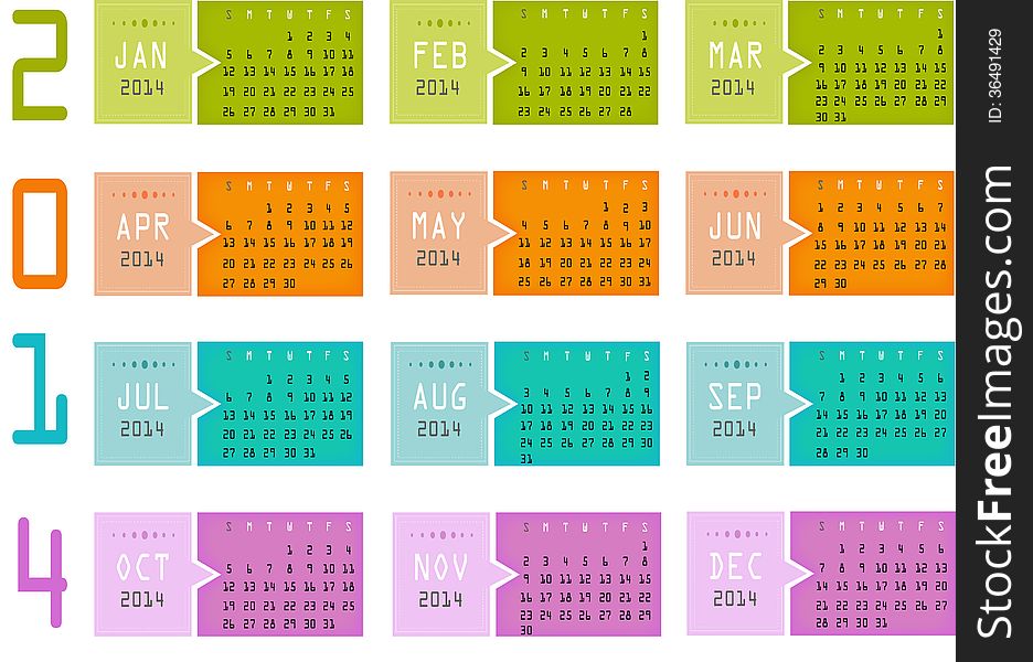 2014 Calender in nice modern colors. Suitable for any size prints and created in very high resolution. 2014 Calender in nice modern colors. Suitable for any size prints and created in very high resolution.