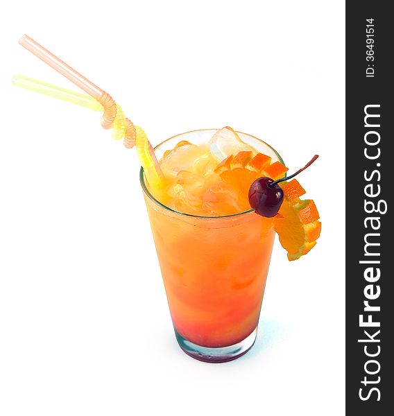 Orange cocktail with a cherry on white