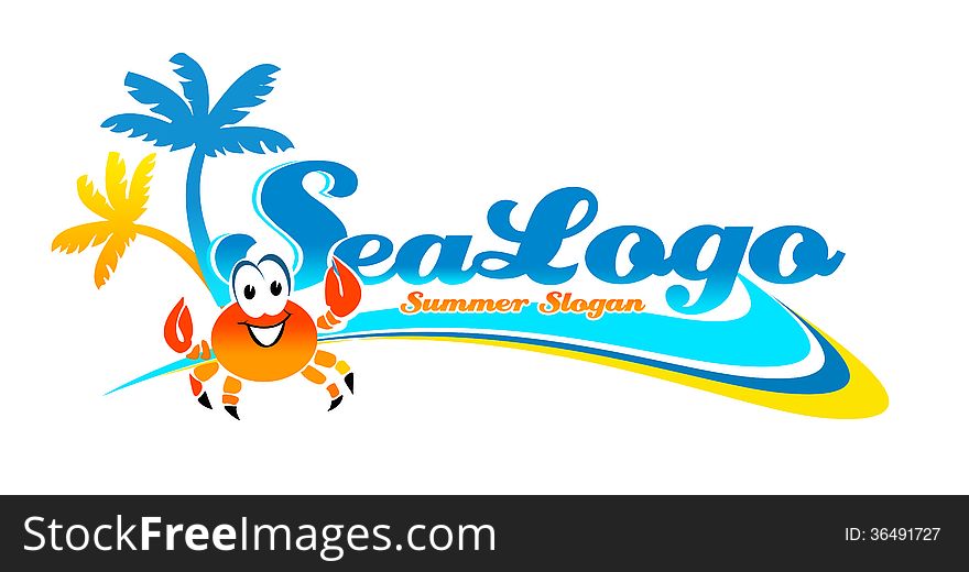 Illustration drawing representing a vacation or travel company logo with a sea and palms next to a crab smiling. Illustration drawing representing a vacation or travel company logo with a sea and palms next to a crab smiling