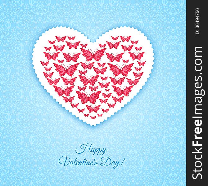 Happy Valentine's Day Card with heart of butterflies. Happy Valentine's Day Card with heart of butterflies