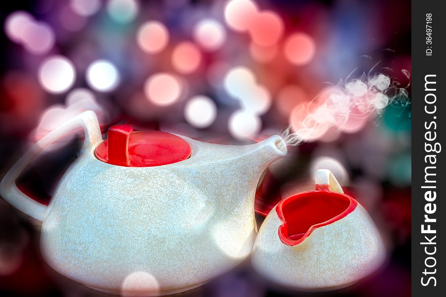 Hot red and white bone china tea or coffee kettle with bokeh background