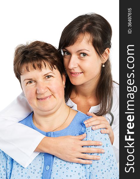 Nurse with patient smiling on white