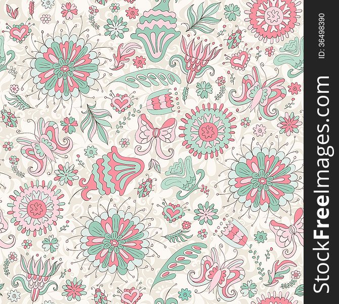 Seamless pink summer pattern with flowers. Vector illustration