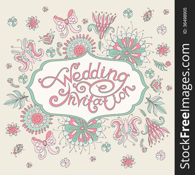 Pink wedding invitation with flowers. Vector illustration