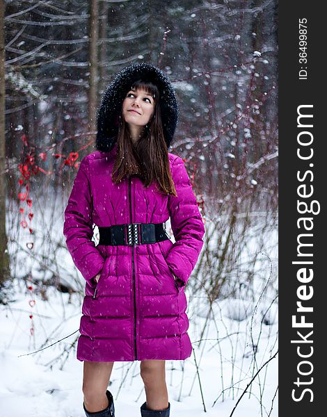 Portrait Of Beautiful Woman In Snow Winter Forest