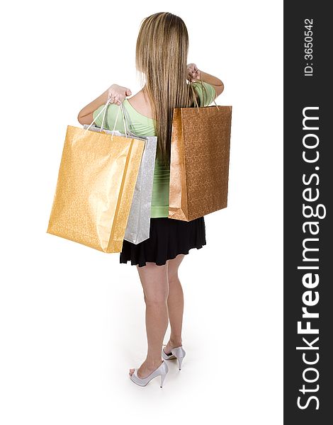 Woman with shopping bags over white background