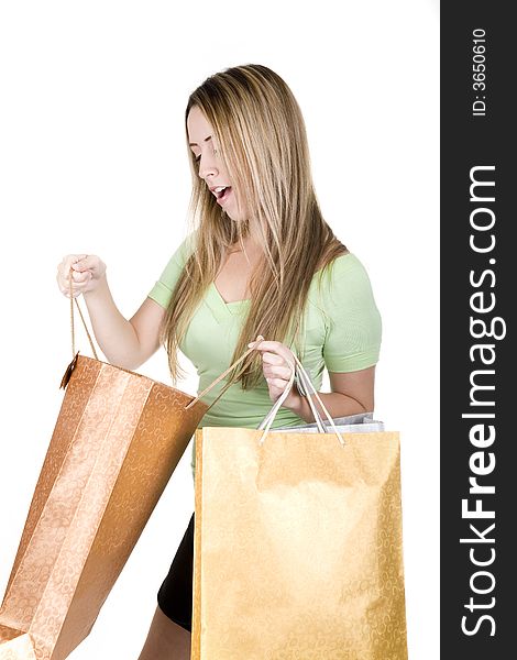 Woman with shopping bags over white background