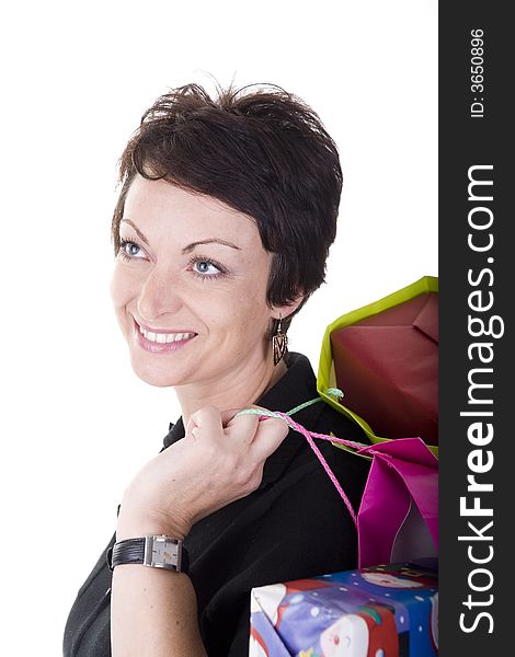 Woman with shopping bags over white background. Woman with shopping bags over white background