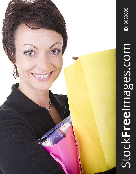 Woman with shopping bags over white background. Woman with shopping bags over white background