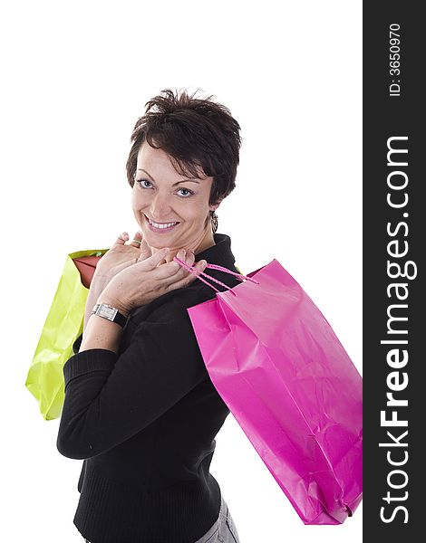 Woman with shopping bags over white background. Woman with shopping bags over white background