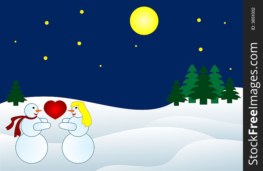 Winter backround with beautiful figures of snowmen in love. Winter backround with beautiful figures of snowmen in love