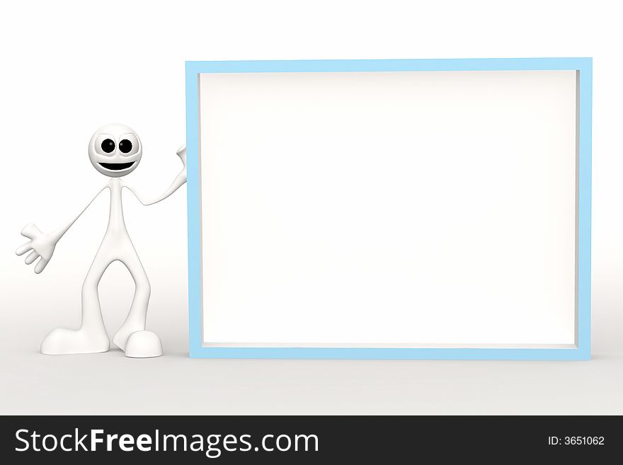 A 3d person with blank board. A 3d person with blank board