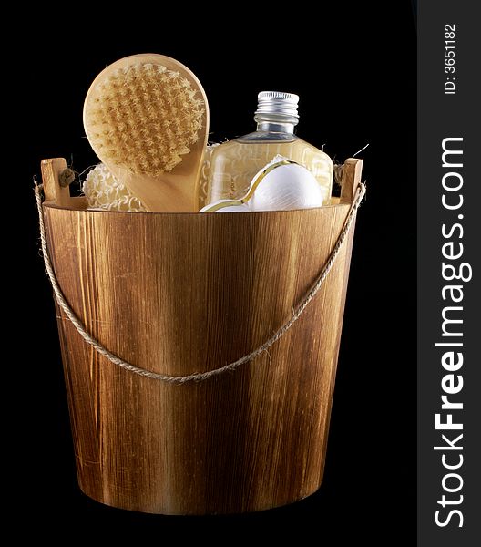 Wooden bucket with relaxing things. Wooden bucket with relaxing things.