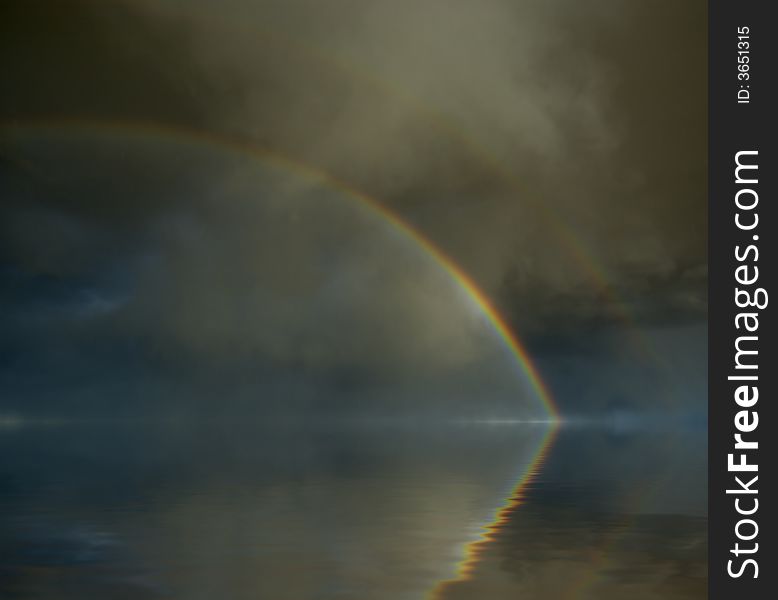 Colorful bright rainbow set against stormy sky reflecting in water. Colorful bright rainbow set against stormy sky reflecting in water