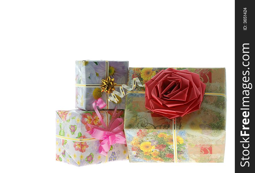 Boxes with gifts. It is isolated on a white background. Boxes with gifts. It is isolated on a white background