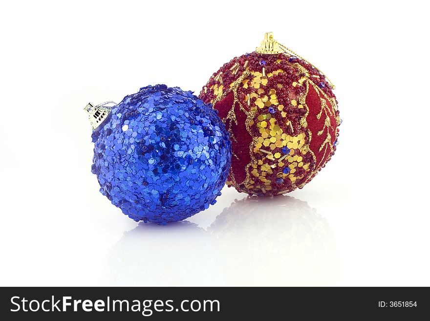 Two christmas balls isolated on white background