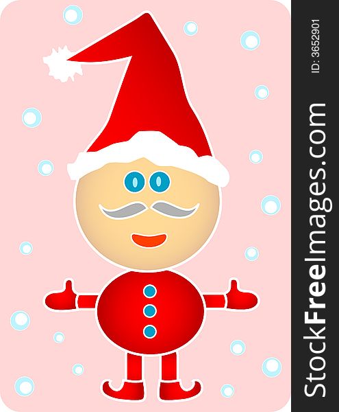 A cute Santa in red Christmas costume. Snow falling in the background.