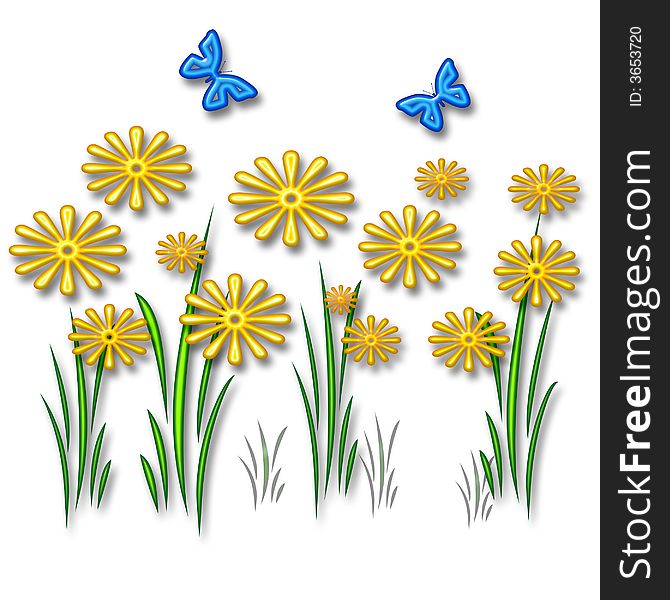 Colorful 3d daisy and butterflies on white background