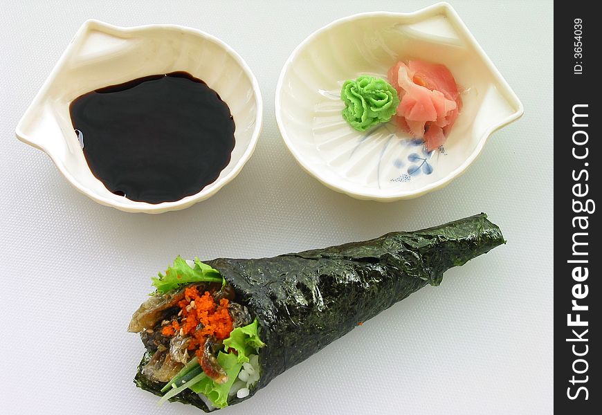 The torch of salmon skin do sushi in the shape of the white background