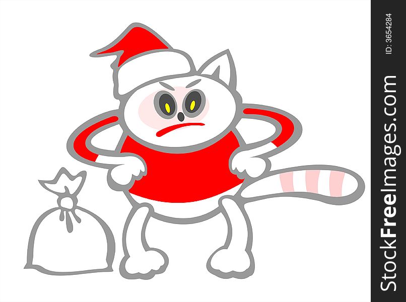 The angry stylized cat in christmas clothes with a bag of gifts on a white background. The angry stylized cat in christmas clothes with a bag of gifts on a white background.