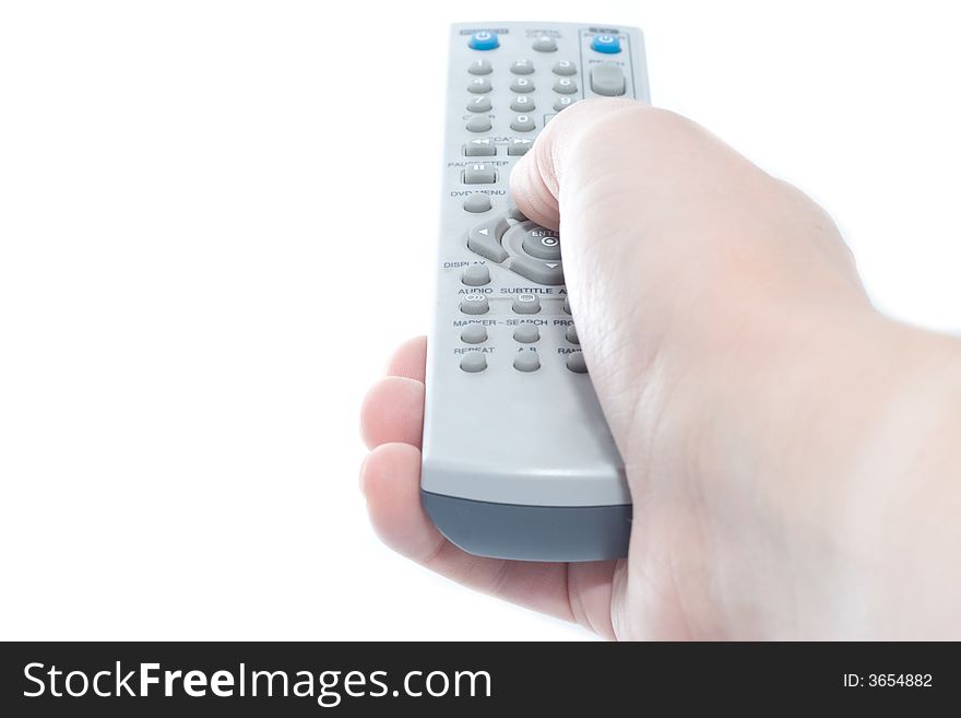 White Infrared remote control unit in hand on a white background