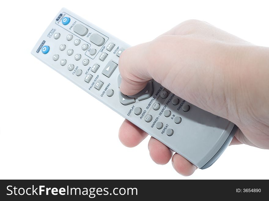 White Infrared remote control unit in hand on a white background