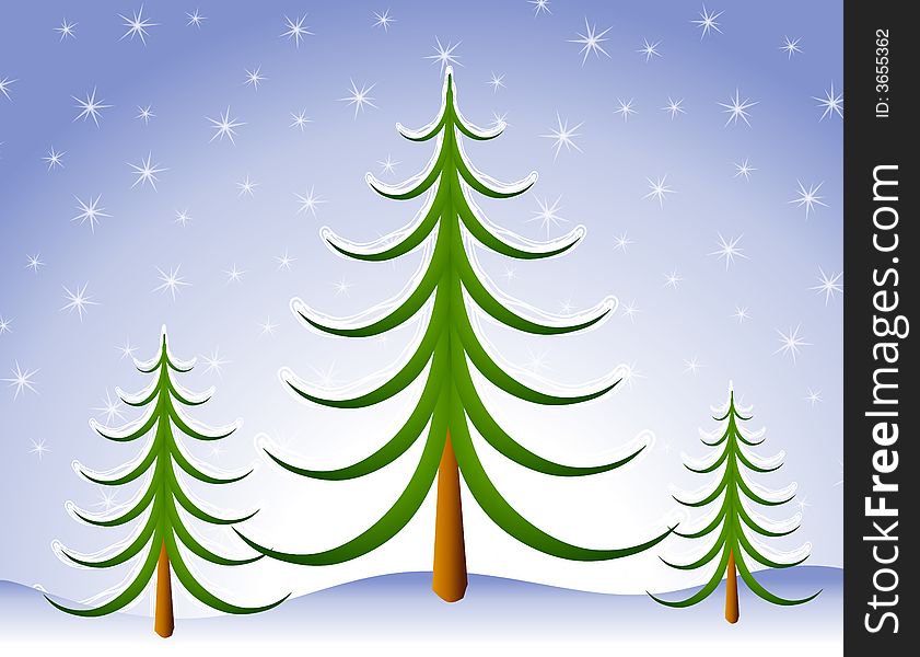 A simple illustration featuring 3 abstract looking Christmas trees sitting in the snow with snowflakes falling. A simple illustration featuring 3 abstract looking Christmas trees sitting in the snow with snowflakes falling
