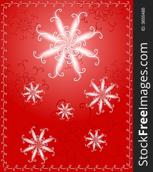 A decorative snow flake background featuring abstract snowflake patterns and border in red and white colors. A decorative snow flake background featuring abstract snowflake patterns and border in red and white colors